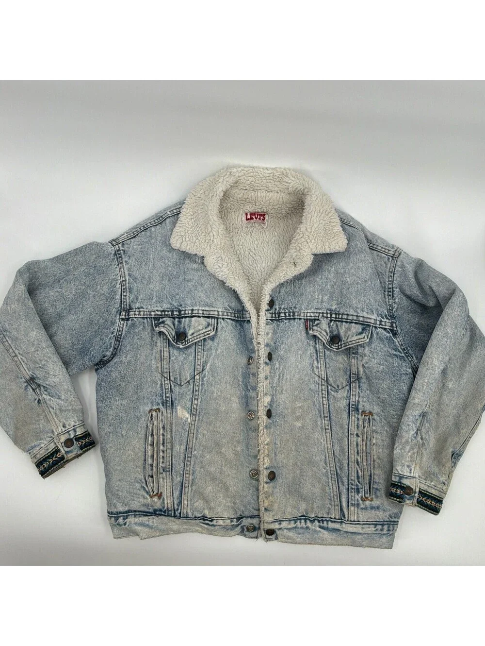 Levi’s 1980 Vintage Sherpa Lined Acid Wash Denim Jacket Men’s L Aztec Cuff Style